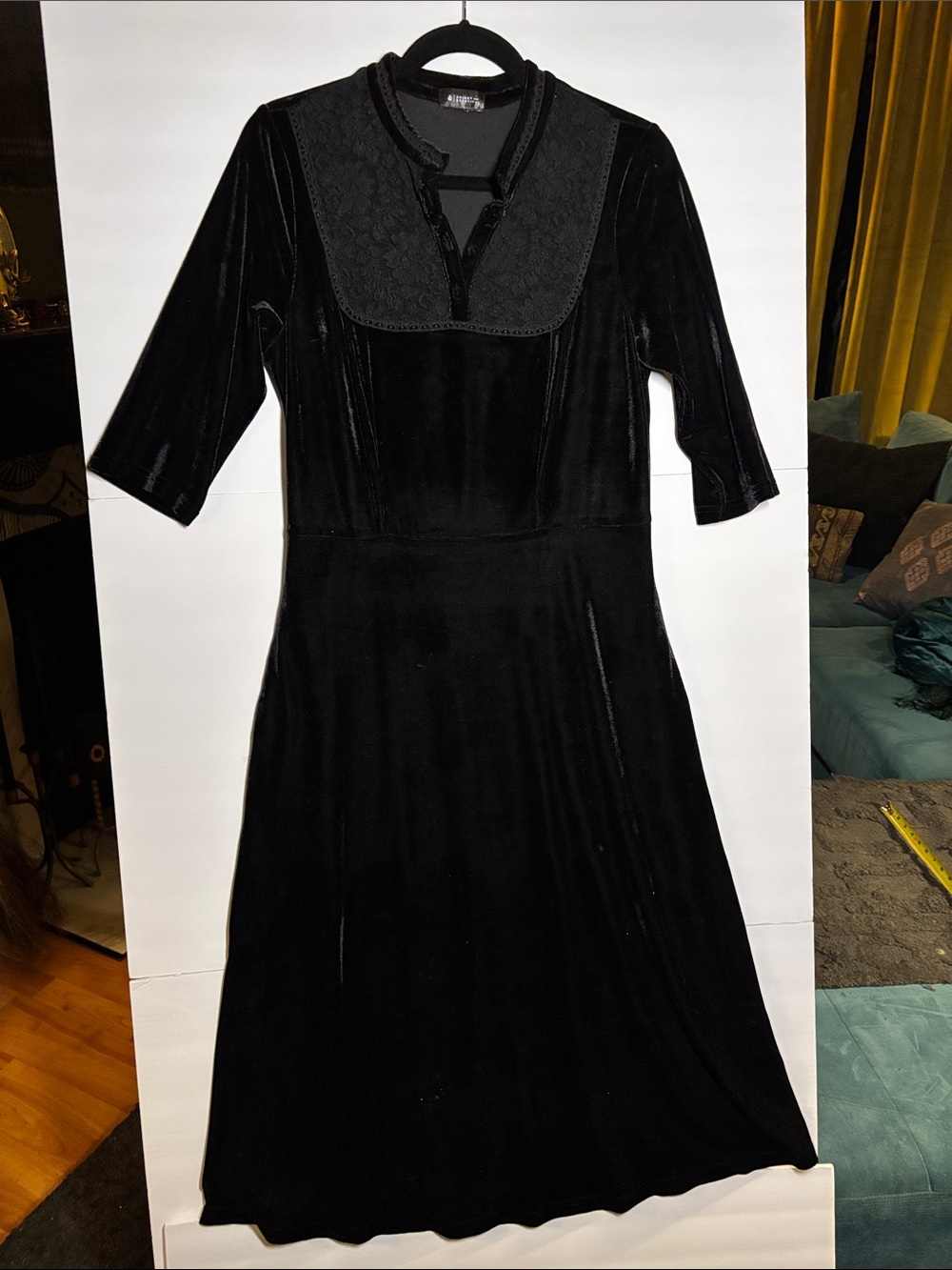 Black Velvet Midi Dress with Lace Yoke — Classic Women's Midi